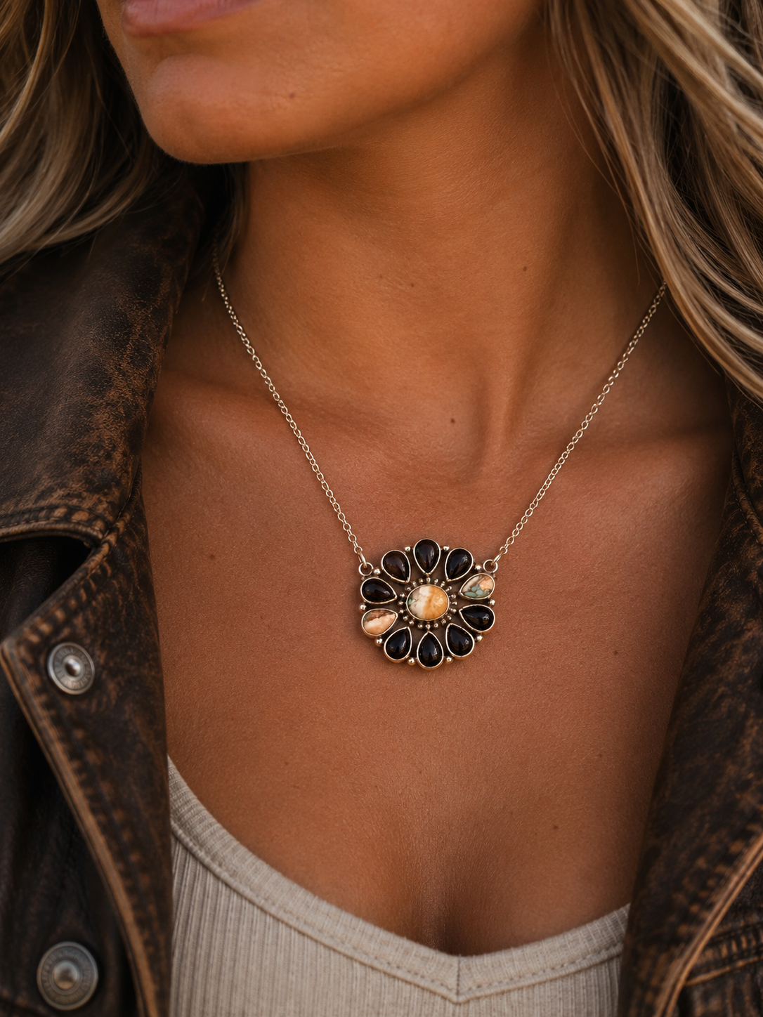 Black Onyx and Orange Mojave Cluster Necklace